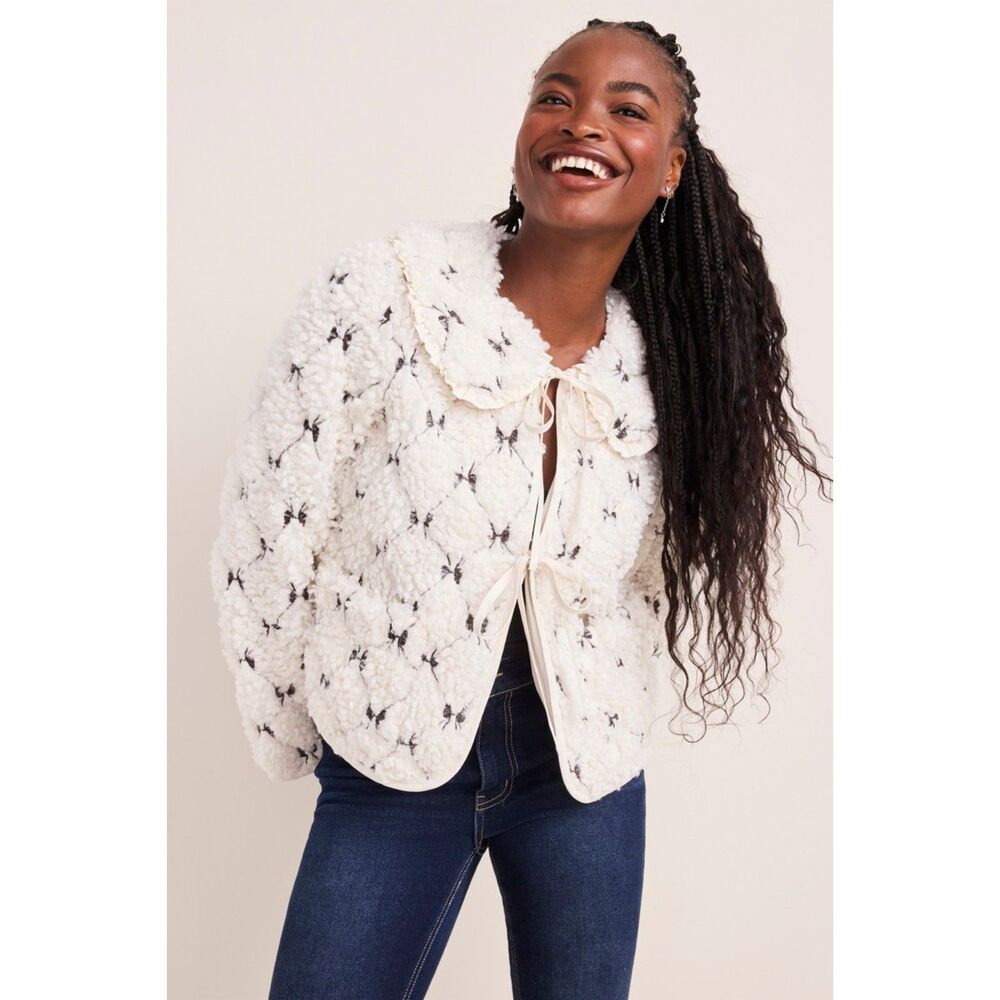 Womens NWT Small Sophia Bow Embroidered Teddy Jacket Cream/Dark Brown